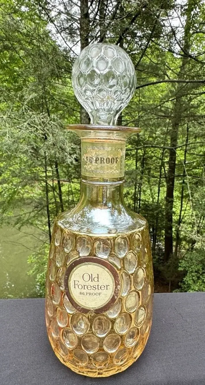 Vtg OLD FORESTER Whiskey Glass Decanter Marigold Iridescent 10.5 Thumbprint A77